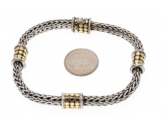 John Hardy Wonderful Classic Sterling Woven Bracelet With 18k Yg Dot Stations
