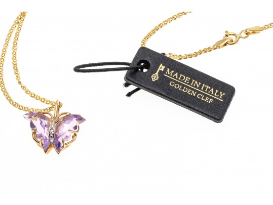 14k Yellow Gold Lovely Amethyst Butterfly Pendant, With Chain