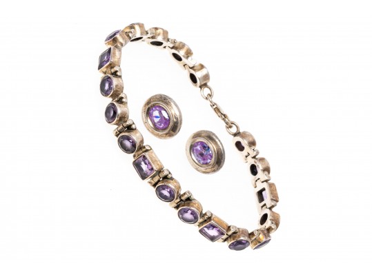 Sterling Silver Pretty Amethyst Line Bracelet Paired With Purple Cz Earrings
