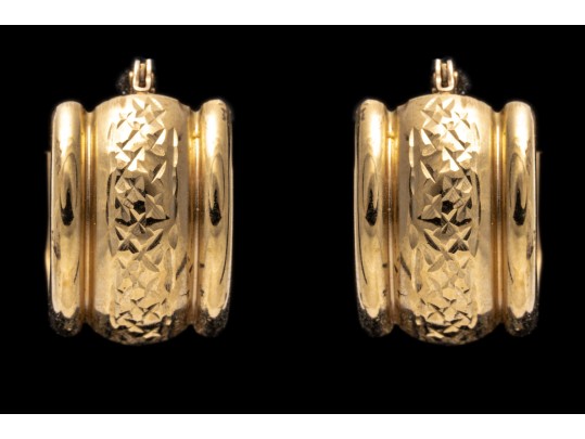 14k Yellow Gold Pretty Small Wide Chubby Diamond Cut Hoop Earring