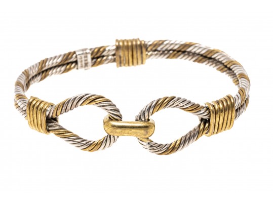 Sterling Silver Striking Twisted Rope Motif Bangle Bracelet, With Vermeil Highlights