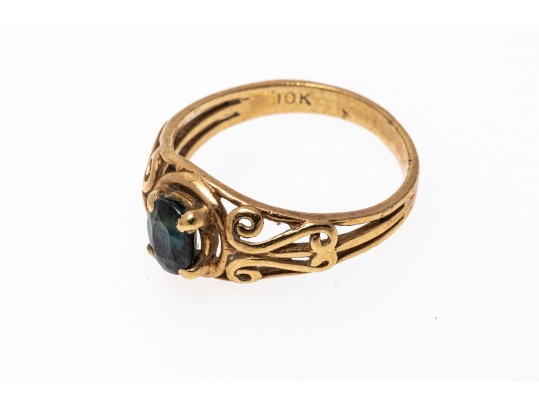 Interesting 10K Blue-Green Sapphire Ring, Size 5.75