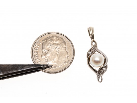 Single Cultured Pearl 14K White Gold Pendant With Diamond Accents