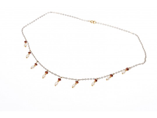 Gold Filled Pearl And Garnet Beaded Necklace