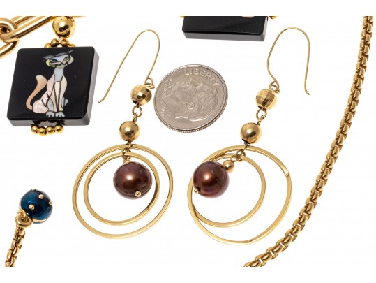 Lot Of Three Assorted Gold Plated Jewelry Pieces, Including A Funky Cat Tile Bracelet