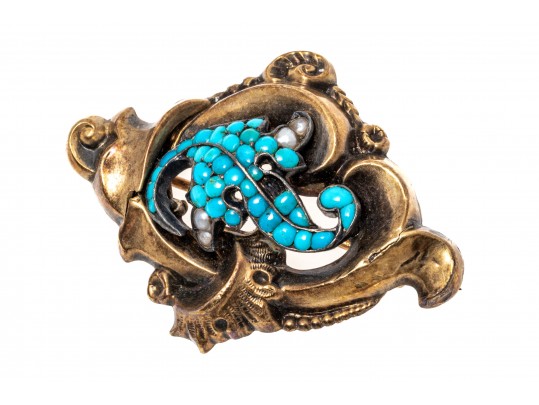 Vintage 14K Turquoise And Pearl Brooch
