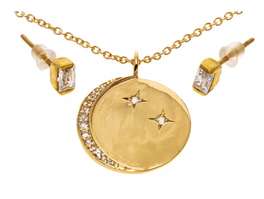 Sterling Crescent Moon And Star Pendant Necklace And Stud Earrings