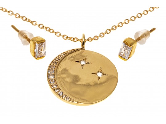 Sterling Crescent Moon And Star Pendant Necklace And Stud Earrings