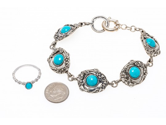 Sterling Bracelt And Ring With Turquoise And Howlite, Ring Size 7+
