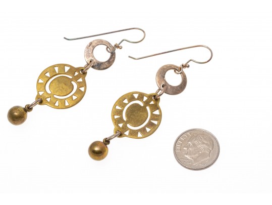 Sterling Silver And Brass Contemporary Long Drop Earrings 
