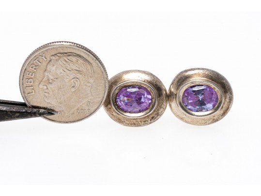 Sterling Silver Pretty Amethyst Line Bracelet Paired With Purple Cz Earrings