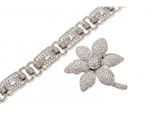 Lot Of Two Glittering Sterling Silver Jewelry And Cz Pieces, Including A Bracelet And A Brooch