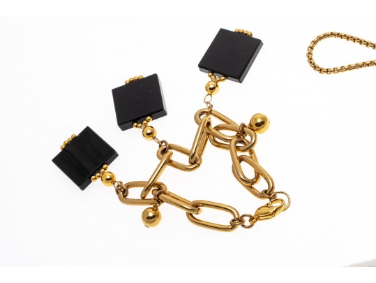 Lot Of Three Assorted Gold Plated Jewelry Pieces, Including A Funky Cat Tile Bracelet