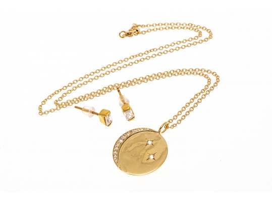 Sterling Crescent Moon And Star Pendant Necklace And Stud Earrings