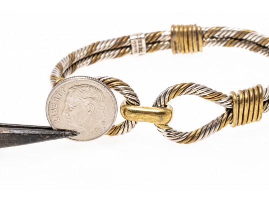 Sterling Silver Striking Twisted Rope Motif Bangle Bracelet, With Vermeil Highlights