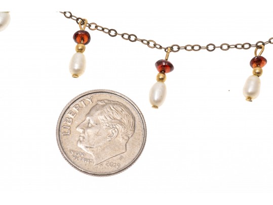 Gold Filled Pearl And Garnet Beaded Necklace