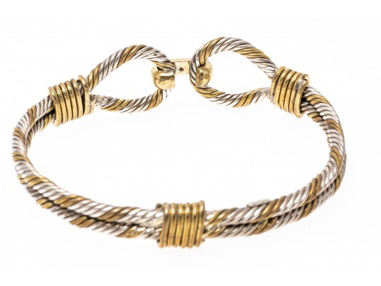Sterling Silver Striking Twisted Rope Motif Bangle Bracelet, With Vermeil Highlights