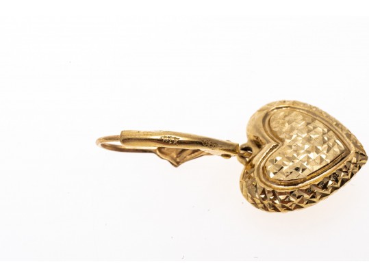 14k Yellow Gold Pretty Diamond Cut Puffed Heart Drop Earrings