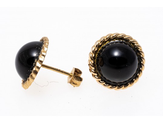 14k Yellow Gold Classic Small Black Onyx Dome Earrings