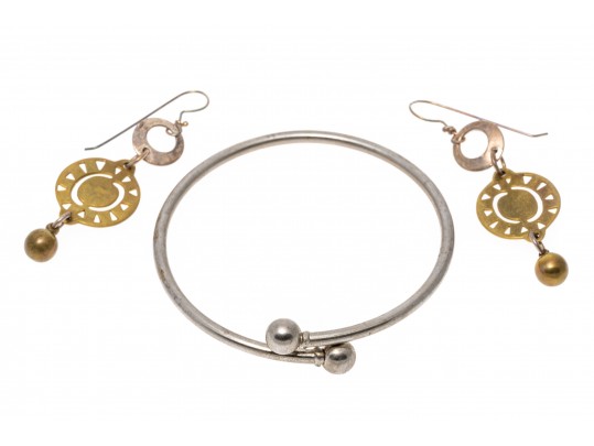 Sterling Silver And Brass Contemporary Long Drop Earrings 