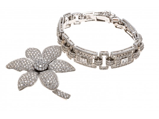 Lot Of Two Glittering Sterling Silver Jewelry And Cz Pieces, Including A Bracelet And A Brooch
