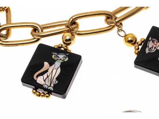 Lot Of Three Assorted Gold Plated Jewelry Pieces, Including A Funky Cat Tile Bracelet