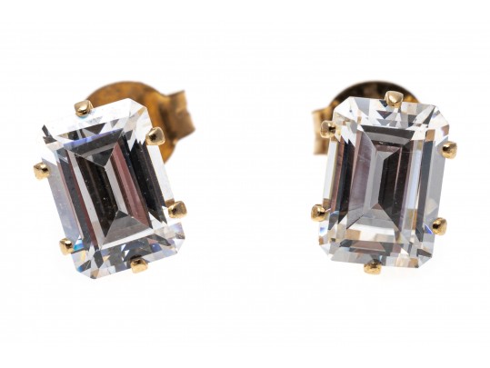 14k Yellow Gold Emerald Cut CZ Stud Earrings