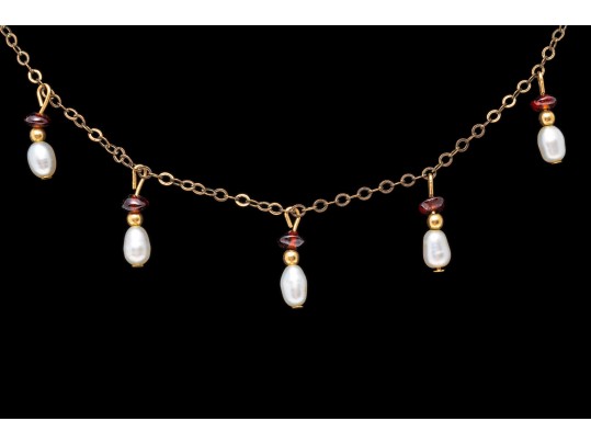 Gold Filled Pearl And Garnet Beaded Necklace
