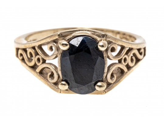 14K And Opaque Sapphite Scrollwork Ring, Size 6.5