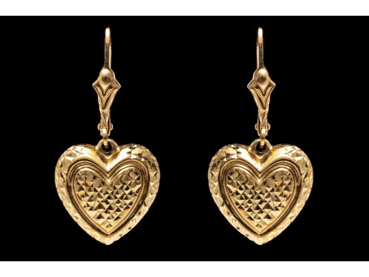 14k Yellow Gold Pretty Diamond Cut Puffed Heart Drop Earrings