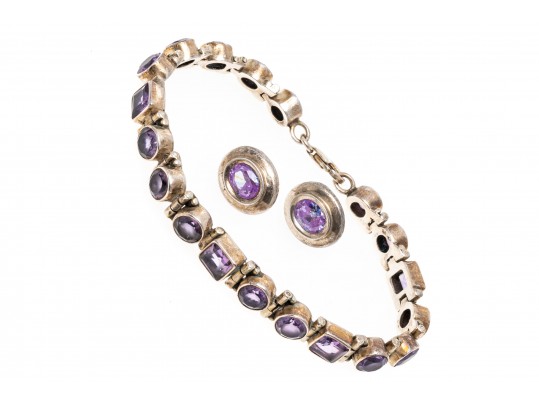 Sterling Silver Pretty Amethyst Line Bracelet Paired With Purple Cz Earrings