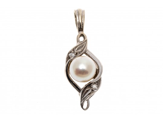 Single Cultured Pearl 14K White Gold Pendant With Diamond Accents