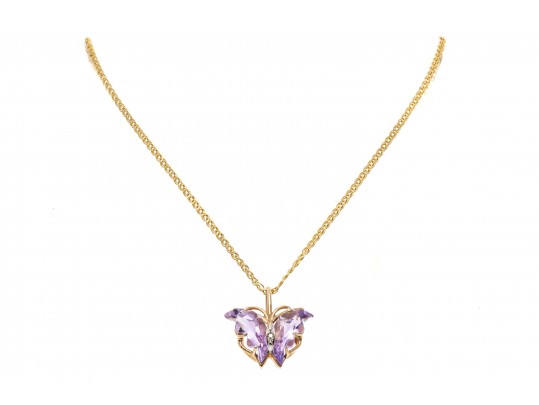 14k Yellow Gold Lovely Amethyst Butterfly Pendant, With Chain