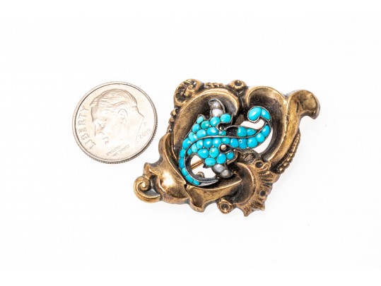 Vintage 14K Turquoise And Pearl Brooch