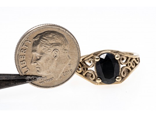 14K And Opaque Sapphite Scrollwork Ring, Size 6.5