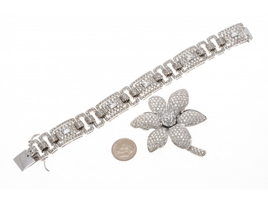 Lot Of Two Glittering Sterling Silver Jewelry And Cz Pieces, Including A Bracelet And A Brooch