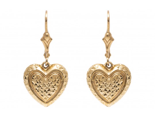 14k Yellow Gold Pretty Diamond Cut Puffed Heart Drop Earrings