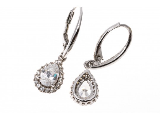 Sterling Silver Pretty Pear Shaped White CZ Halo Drop Earrings