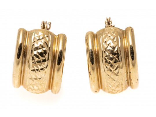 14k Yellow Gold Pretty Small Wide Chubby Diamond Cut Hoop Earring