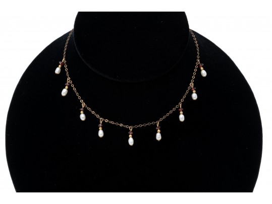 Gold Filled Pearl And Garnet Beaded Necklace