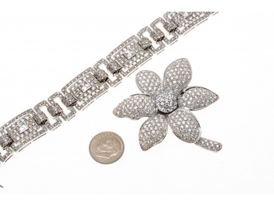 Lot Of Two Glittering Sterling Silver Jewelry And Cz Pieces, Including A Bracelet And A Brooch