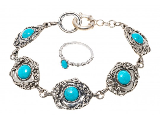 Sterling Bracelt And Ring With Turquoise And Howlite, Ring Size 7+