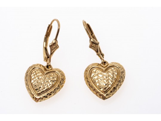 14k Yellow Gold Pretty Diamond Cut Puffed Heart Drop Earrings