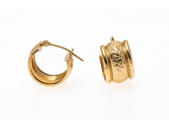 14k Yellow Gold Pretty Small Wide Chubby Diamond Cut Hoop Earring