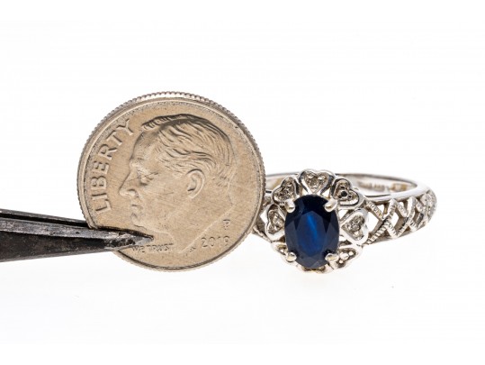 Romantic 10K White Gold Sapphire And Accent Diamond Heart Halo Ring, Size 6.75+