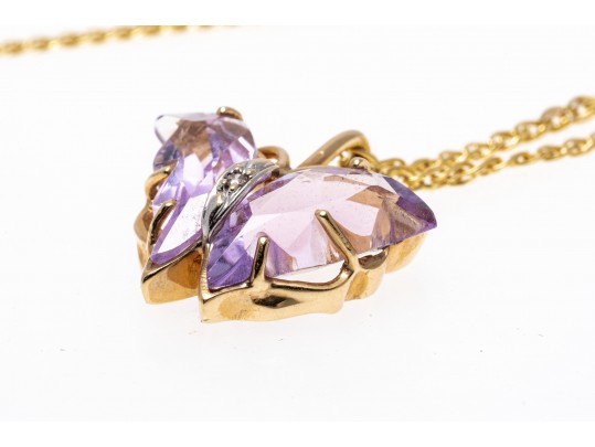 14k Yellow Gold Lovely Amethyst Butterfly Pendant, With Chain