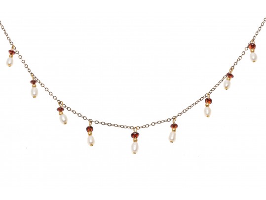 Gold Filled Pearl And Garnet Beaded Necklace