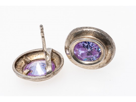 Sterling Silver Pretty Amethyst Line Bracelet Paired With Purple Cz Earrings