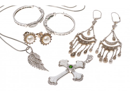 Lot Of Sterling Silver Jewelry With Accent Diamonds