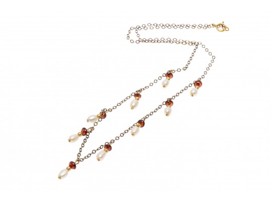 Gold Filled Pearl And Garnet Beaded Necklace